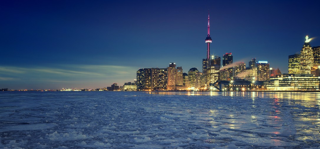 Toronto's Winter skyline, the view from Cherry Street, Toronto, Ontario, Canada.