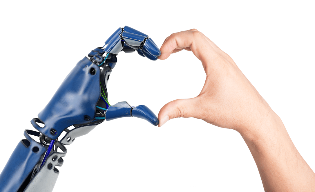 Heart shaped by human and robot hands. Isolated on white background. 3D illustration
