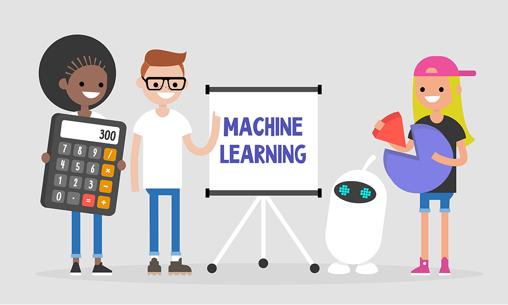 Machine learning technologies. Millennial students teaching a robot to analyse data