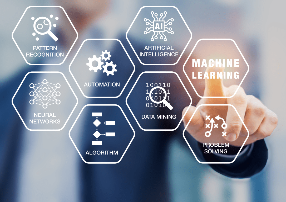 Presentation about machine learning technology, scientist touching screen, artificial intelligence-1