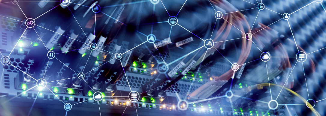 Telecommunication concept with abstract network structure and server room background.png