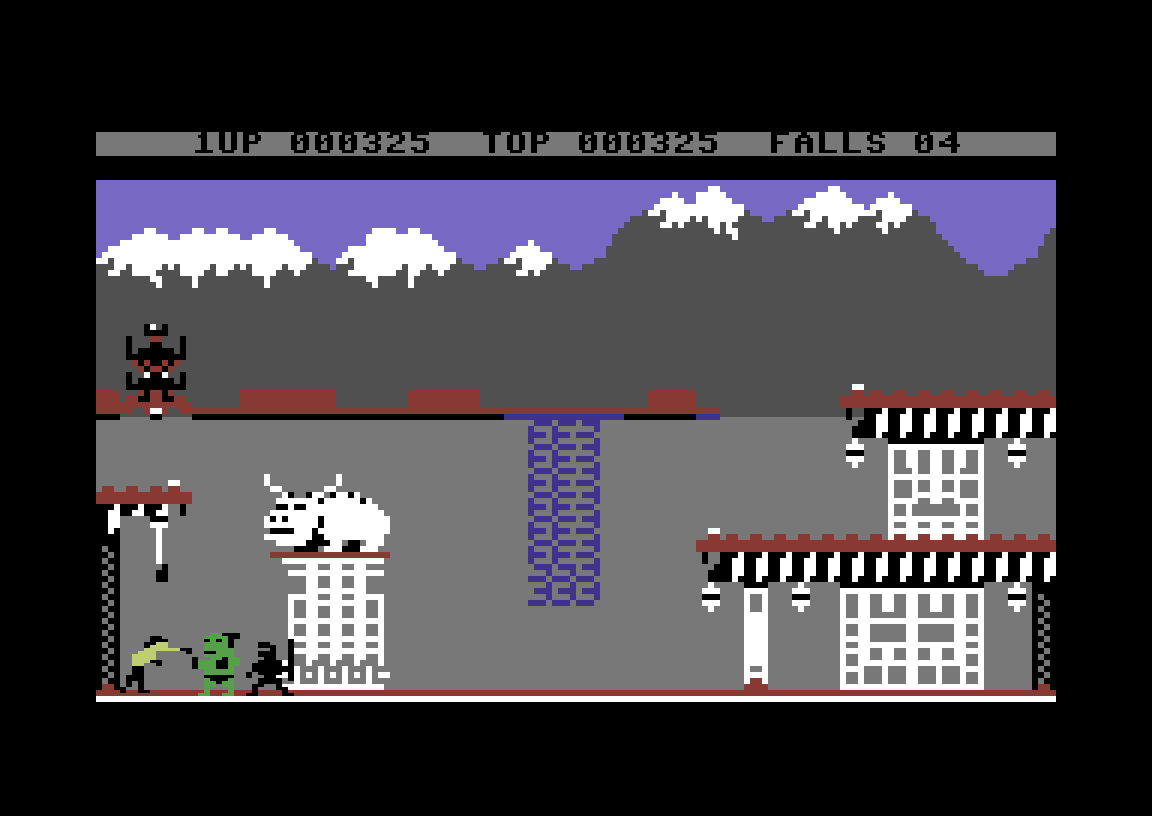 Bruce Lee remake: the fortress with ladders and lanterns, rebuilt in Commodore 64 colours