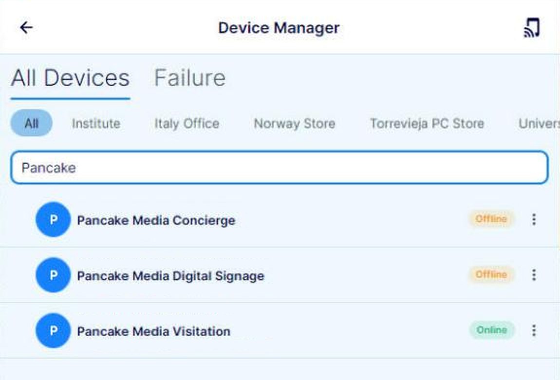The device manager in the Pancake App, with Concierge, Digital Signage and Visitation devices and their status